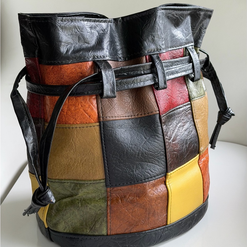 Vintage Mod Retro Patchwork Boho Drawstring Faux … - image 7